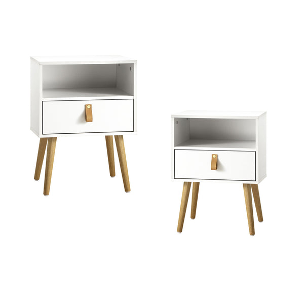 Oikiture 2x Bedside Tables Side Tables with Leather Handles White