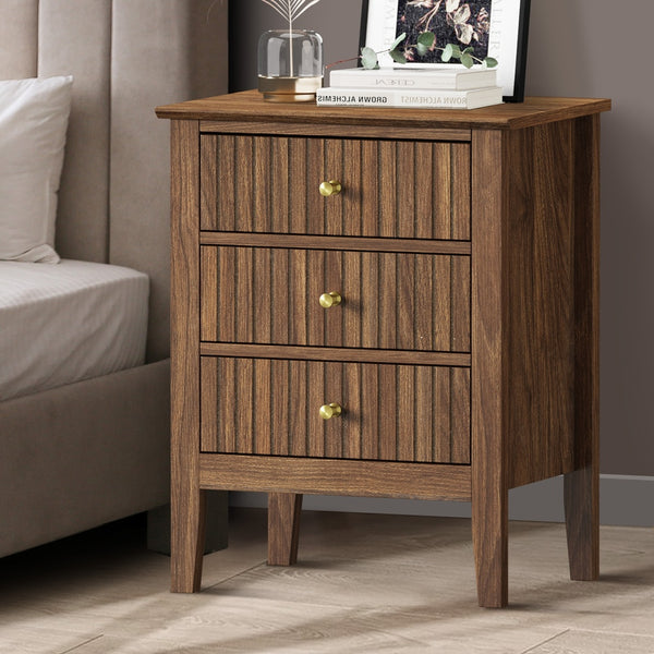 Oikiture 3-Drawer Bedside Table - Brown