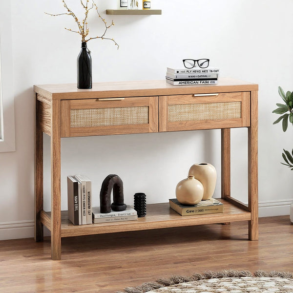 Oikiture Console Table with Two Drawers- Natural - Natural