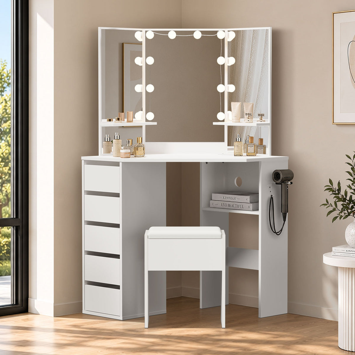 Oikiture Dressing Table Set Tri-fold Mirror with Drawers White