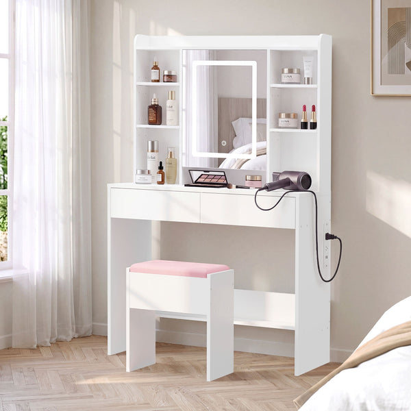 Oikiture Touch Control Dressing Table Set with LED Mirror & Charging Station White