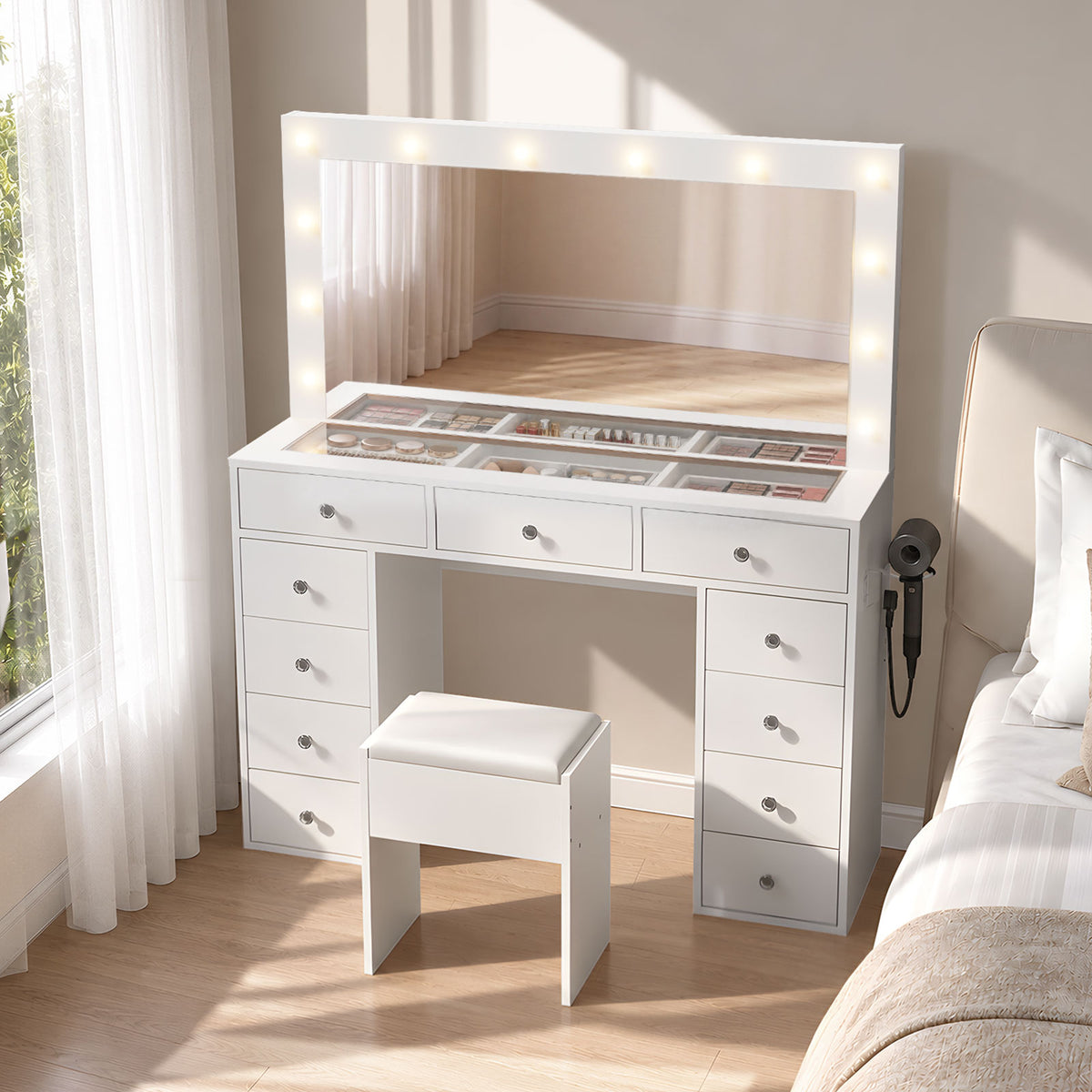 Oikiture Dressing Table Set LED Lights with 11 Drawers White