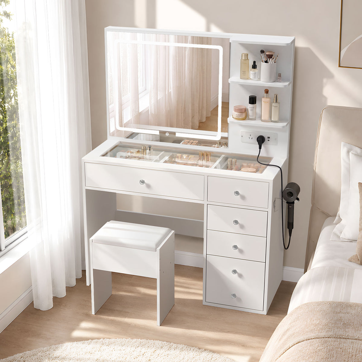 Oikiture Make Up Table Set with LED Lights & 5 Drawers White