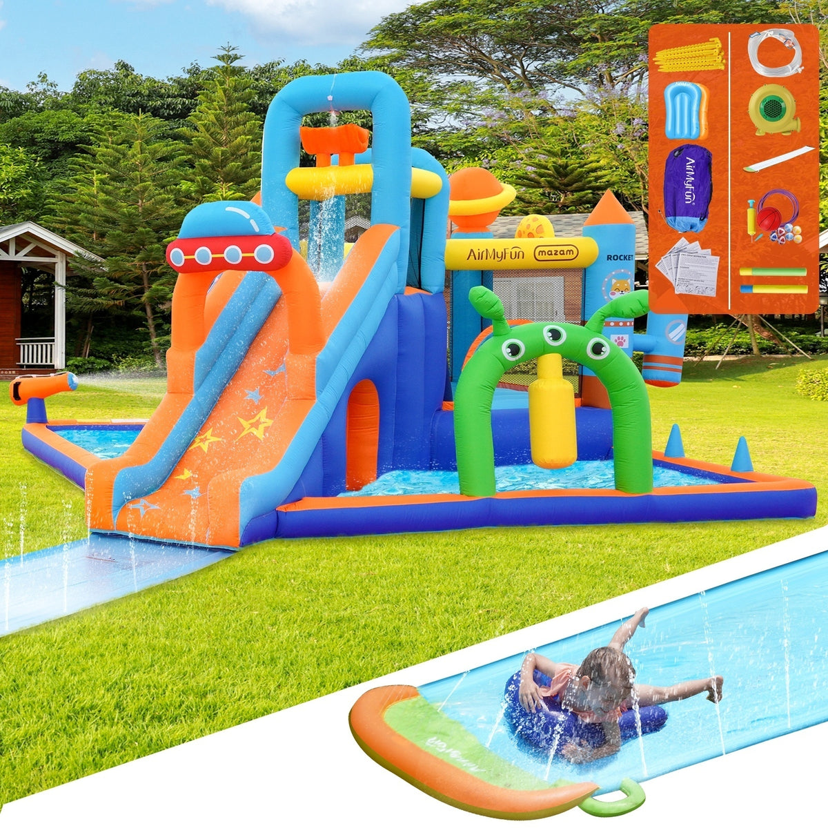 AirMyFun Inflatable Trampoline Castle Space Theme Water Slide