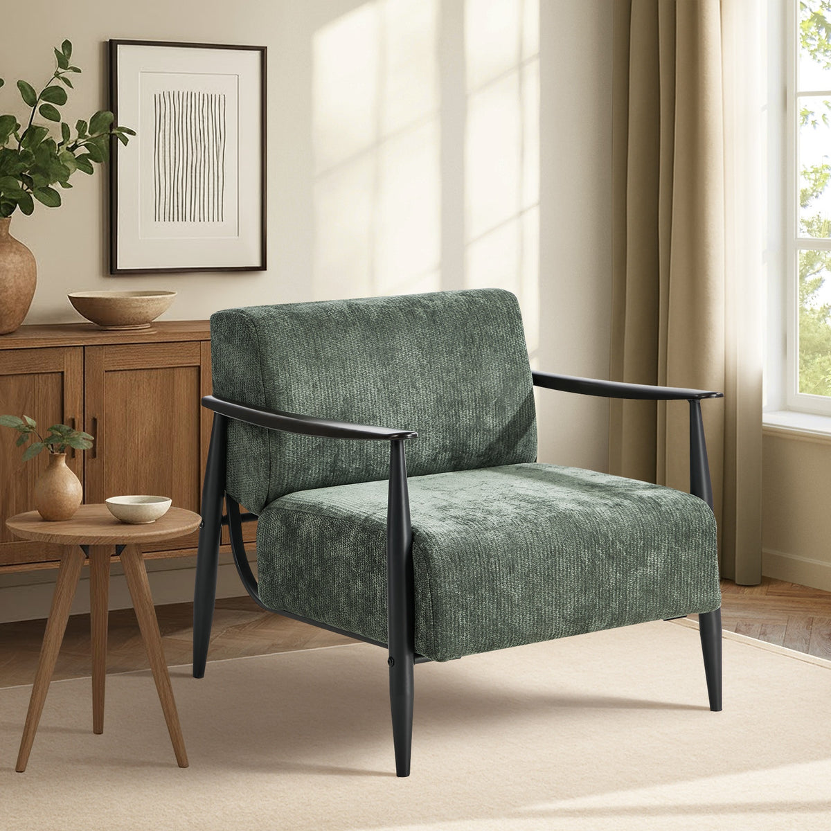 Oikiture Wooden Armchair Lounge Sofa Chair Fabric Accent Armchairs - Green / 1