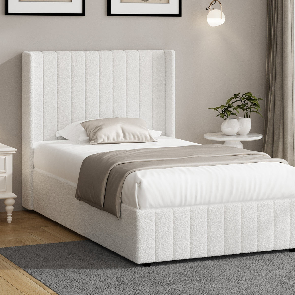 Oikiture Gas-Lift Boucle Bed Frame - King Single