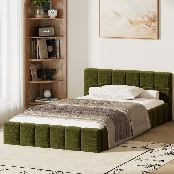 Oikiture Boucle Bed Frame with Tufted Headboard - Green