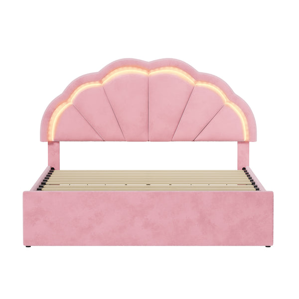 Oikiture Queen Double King Single Bed Frame LED Headboard with 4 Drawers Pink - Queen / Pink