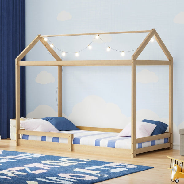 Oikiture Kids House Bed Frame with Fence - Natural
