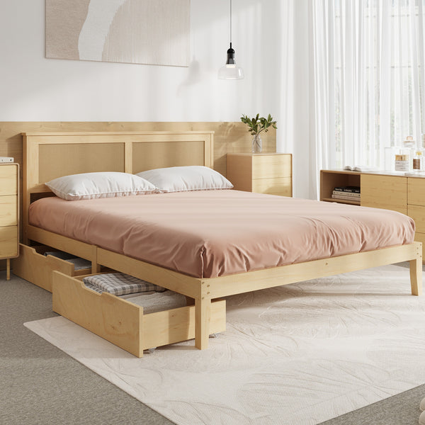 Oikiture Wooden Storage Bed Frame with Drawers - Natural