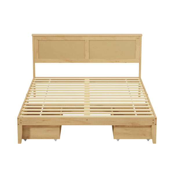 Oikiture Wooden Bed Frame with 2 Large Storage Drawers Rattan Headboard - Queen