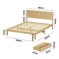 Oikiture Wooden Bed Frame with 2 Large Storage Drawers Rattan Headboard - Queen