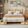 Oikiture Wooden Bed Frame with 2 Large Storage Drawers Rattan Headboard - Queen
