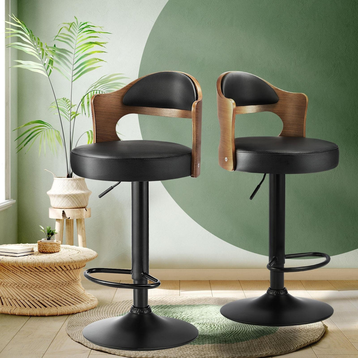 Oikiture Set of 2 PU Leather Bar Stools - Black