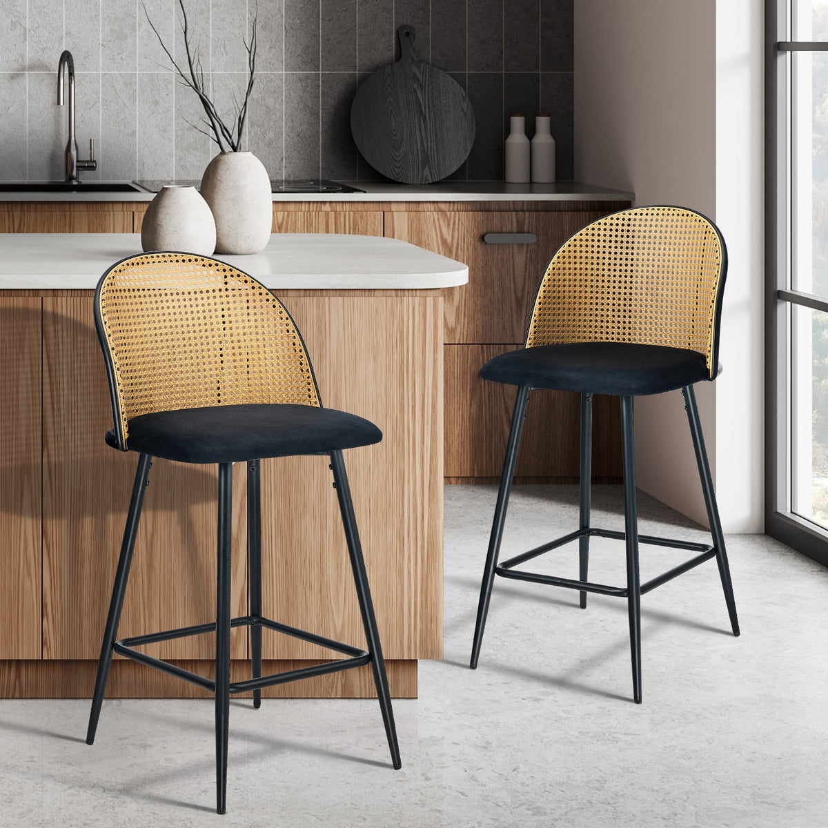 Oikiture Rattan Kitchen Bar Stool - Black