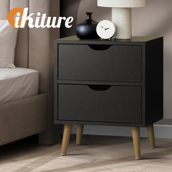 Oikiture Bedside Table 2 Drawers - Black