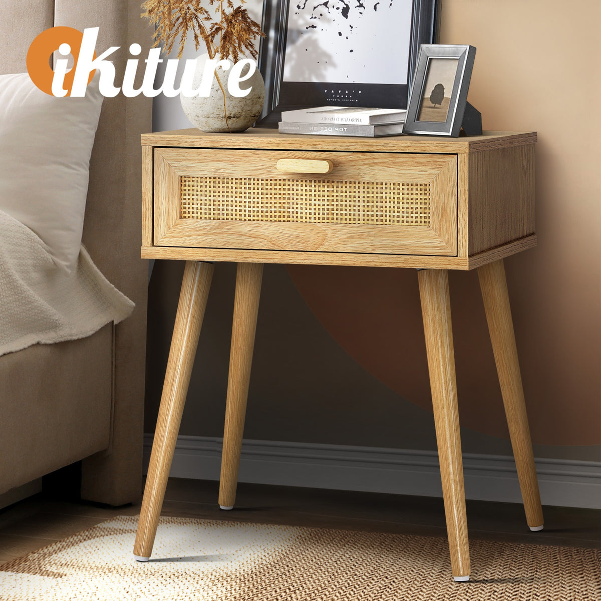 Oikiture Rattan Bedside Storage Table - Wood