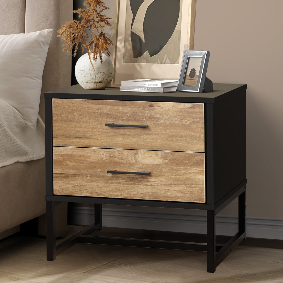 Oikiture Bedside Storage Table - 2-Drawer - Single