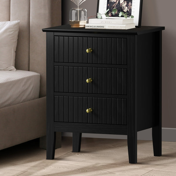 Oikiture 3 Drawer Bedside Table - Black