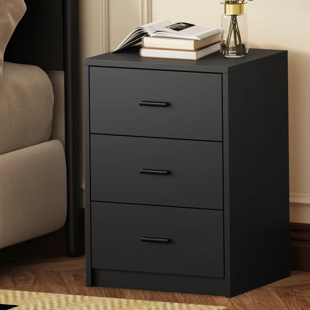 Oikiture Bedside Table - 3-Drawer - Sunne - Black