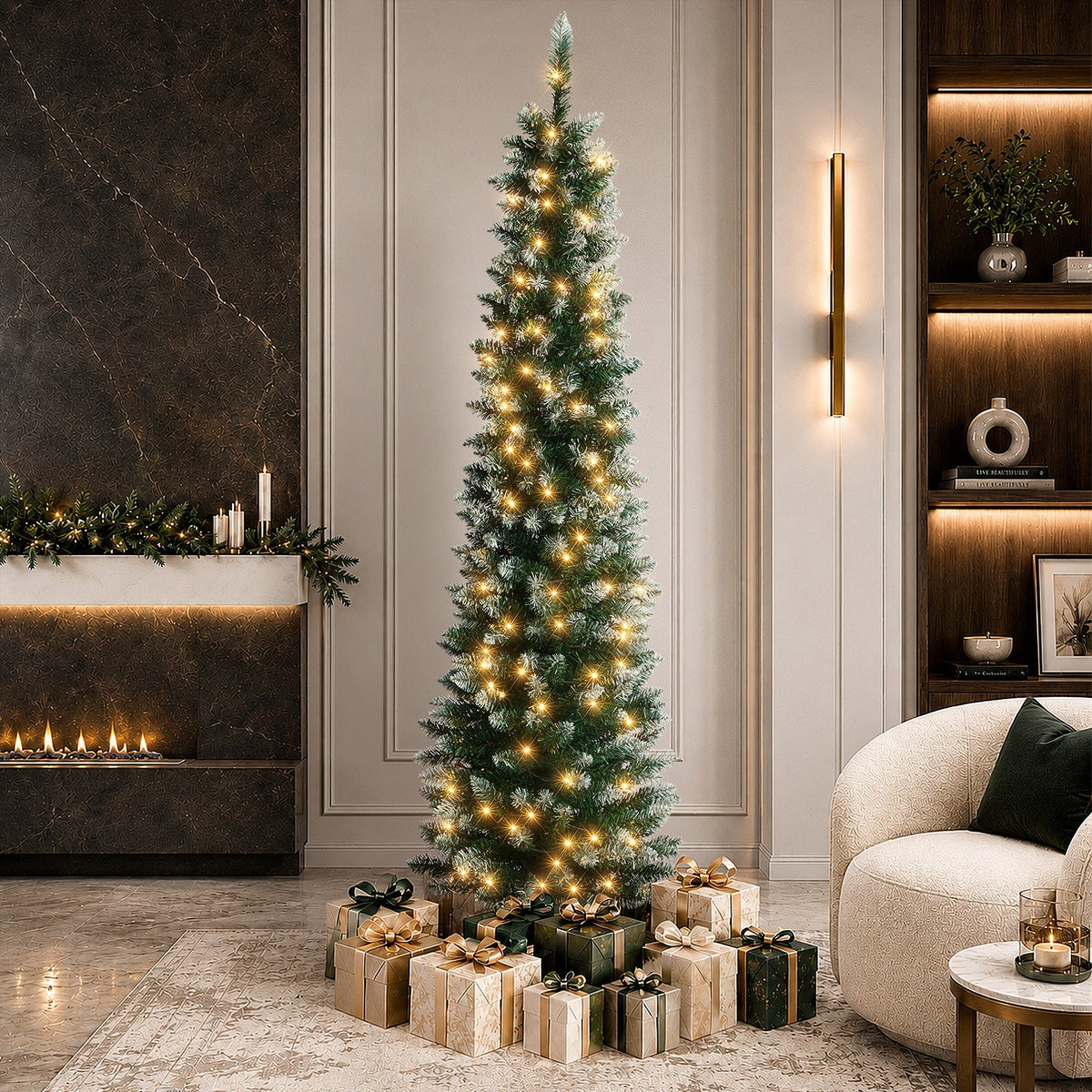 Tinseltown Slim LED Christmas Tree 6FT 1.8M Warm Lights Green White 300 Tips