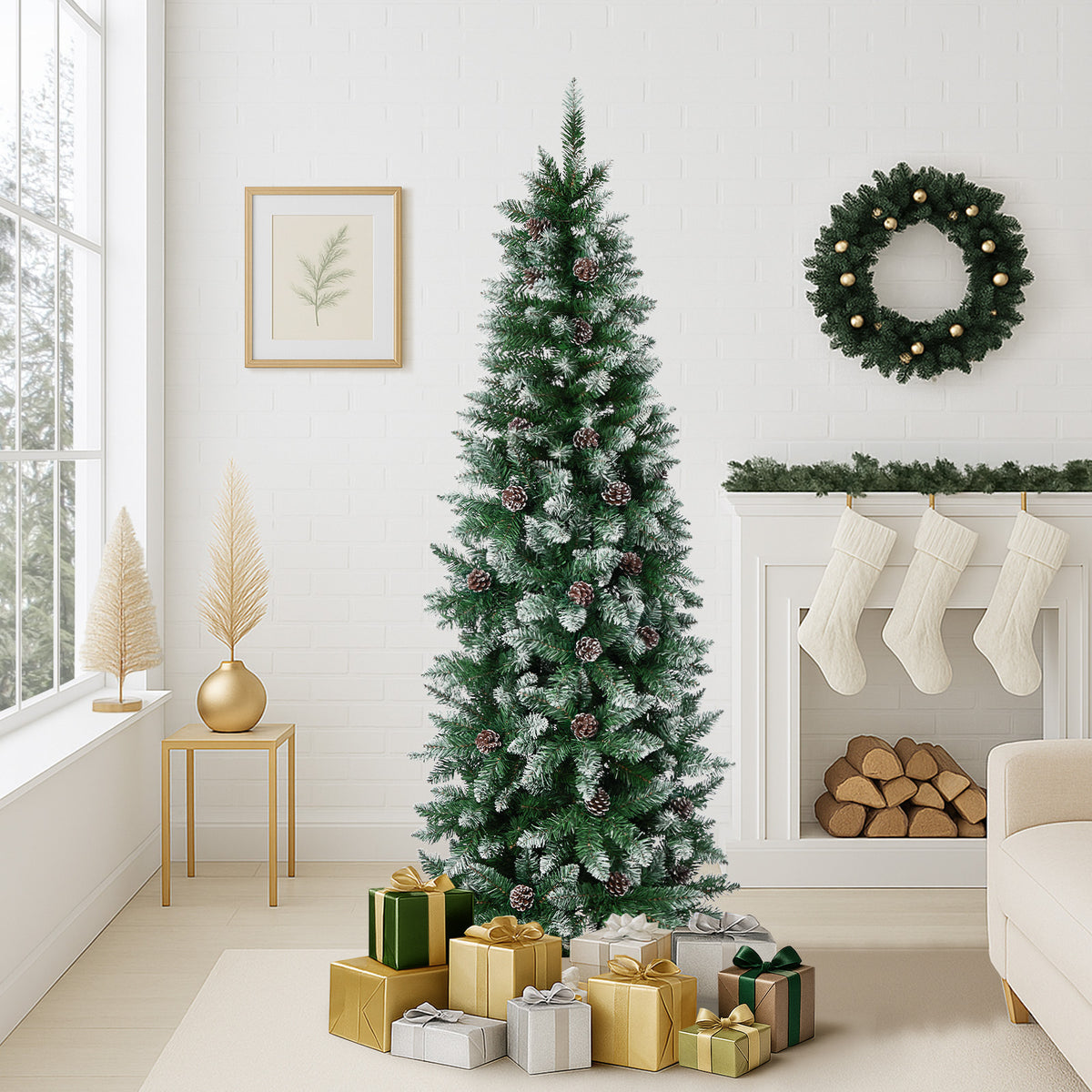 Tinseltown Slim Christmas Tree 6FT 1.8M Pine Cones Decor Green 480 Tips