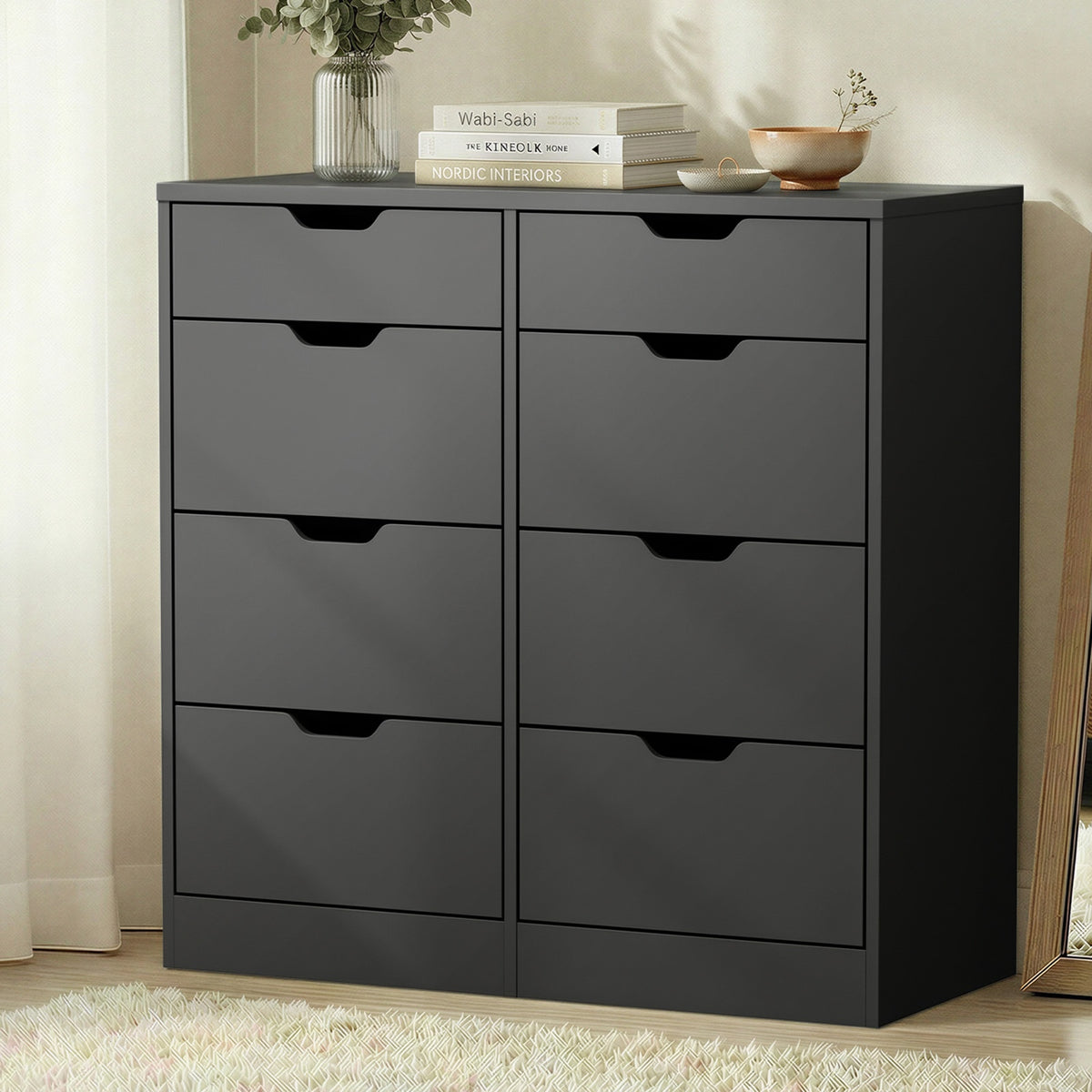 Oikiture 8 Chest of Drawers Tallboy Cabinet Dresser Bedroom Storage - Black