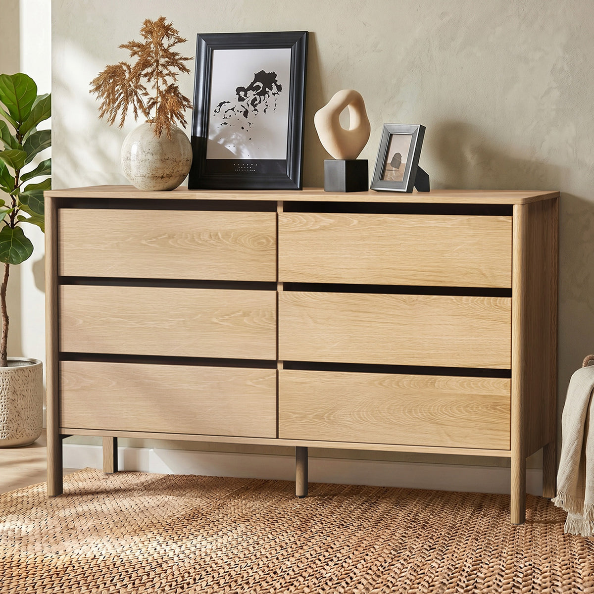 Oikiture 6 Chest Of Drawers Dresser Lowboy Storage Handle-Free Bedroom - Natural