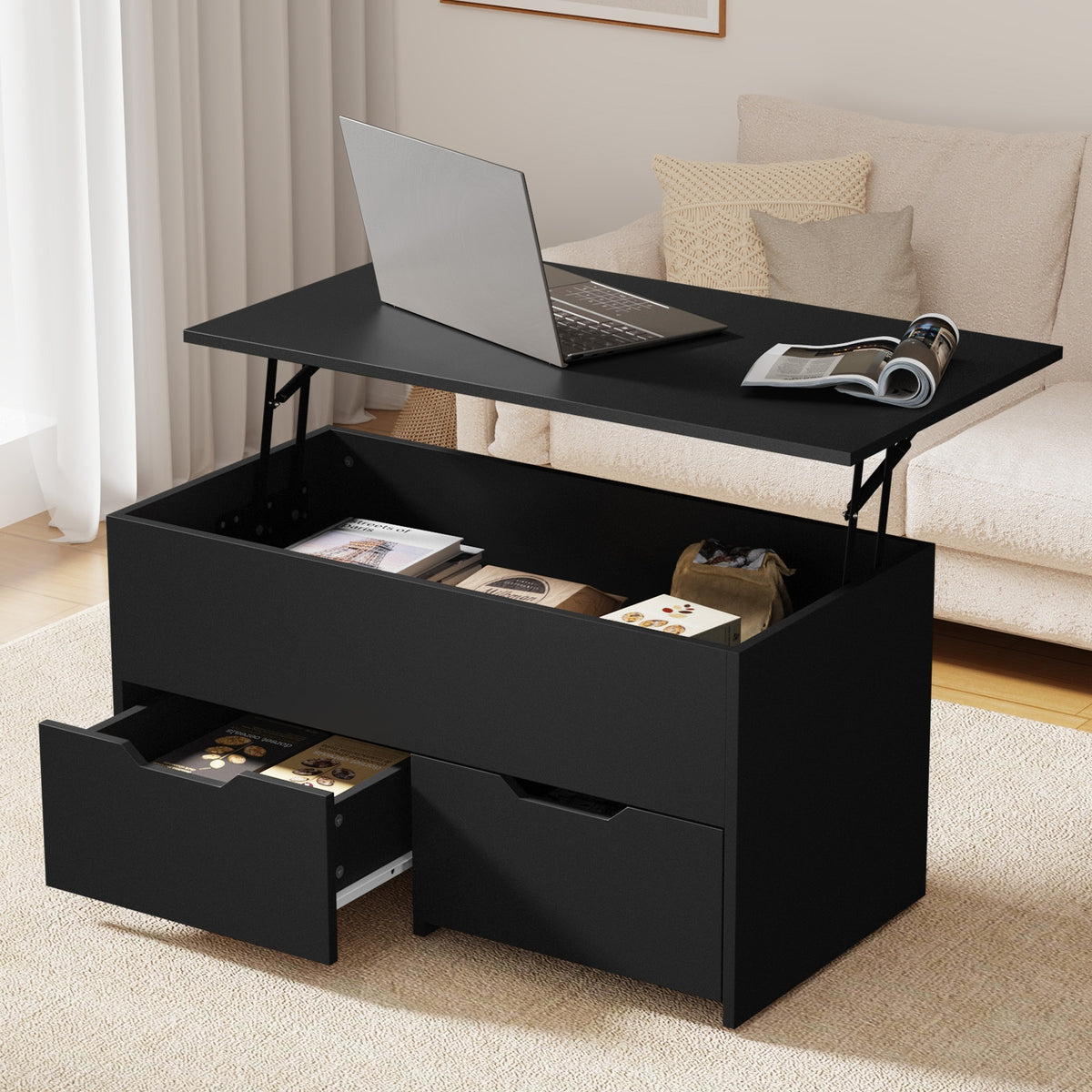 Oikiture Lift-Top Coffee Table - Black