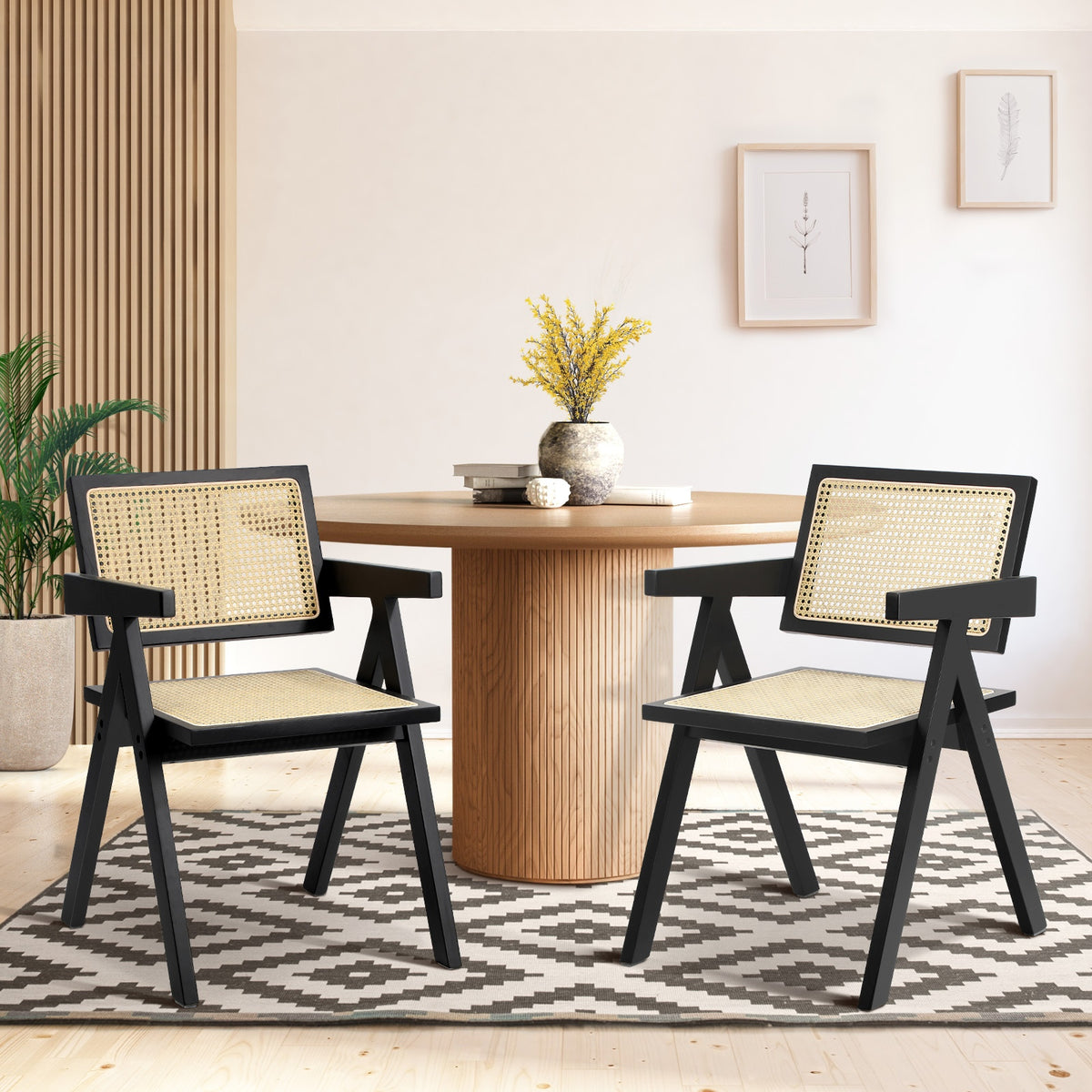 Oikiture Set of 2 Rattan Dining Chairs - Black