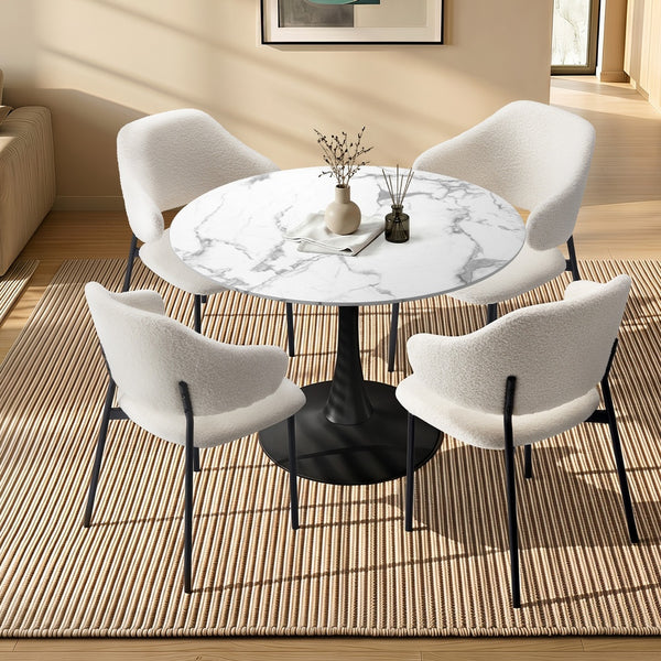 Oikiture Round Dining Table & Sherpa Chairs Set - White & Black
