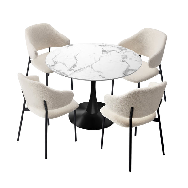 Oikiture Dining Table Round Table Sherpa Dining Chairs - White & Black