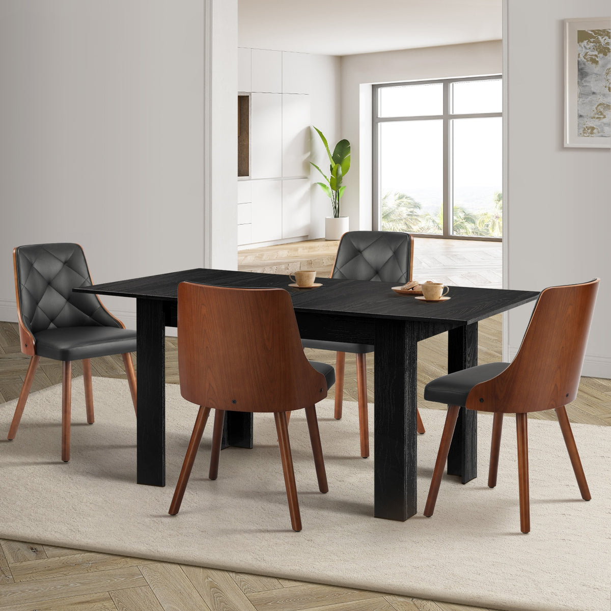 Oikiture 160cm Extendable Dining Table and Chairs Set - Black