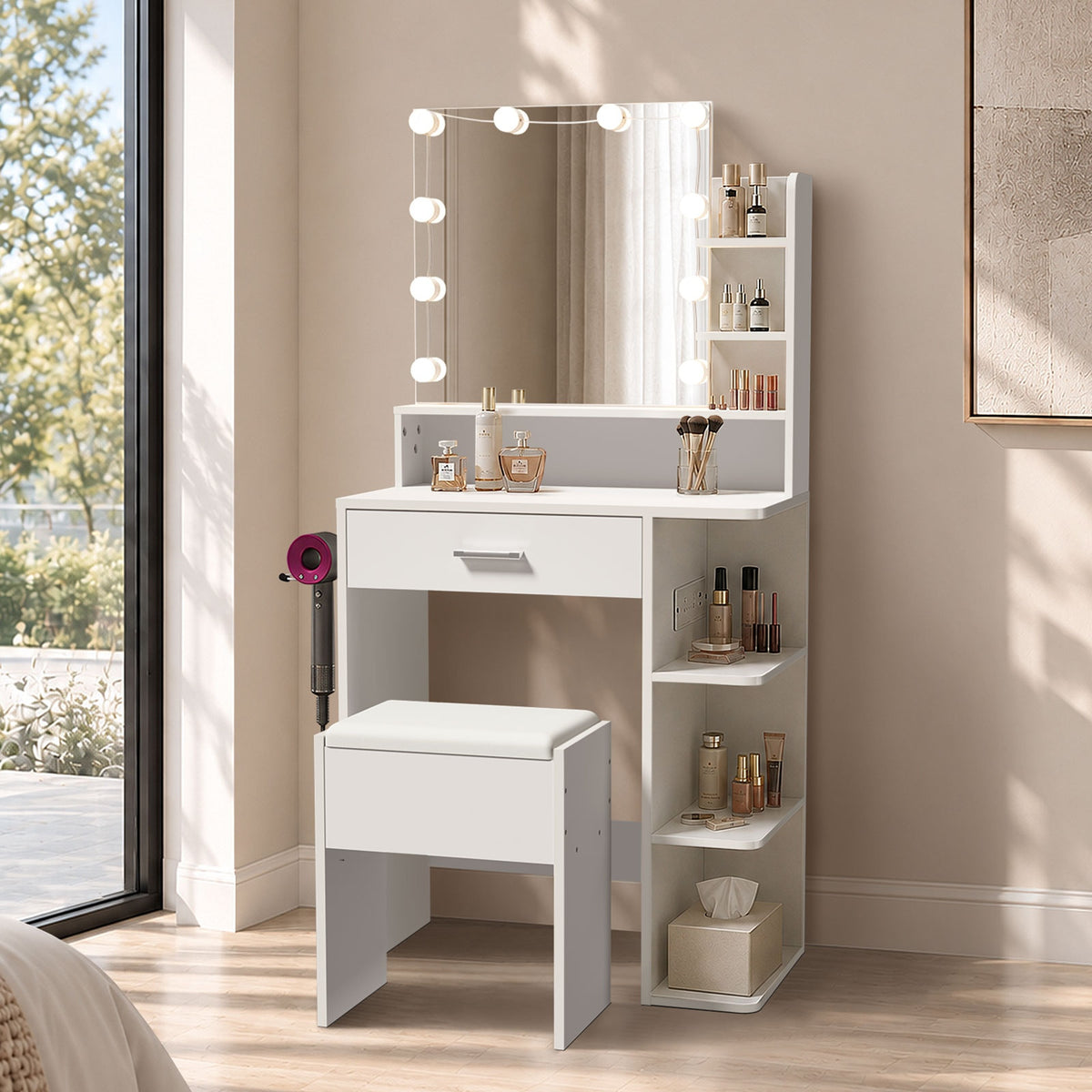 Oikiture Small Dressing Table Set with LED Lighted Makeup Mirror White