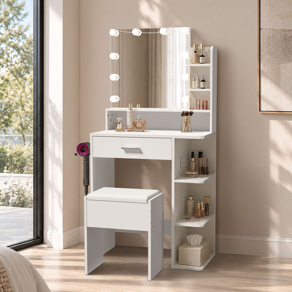 Oikiture Small Dressing Table Set with LED Lighted Makeup Mirror White