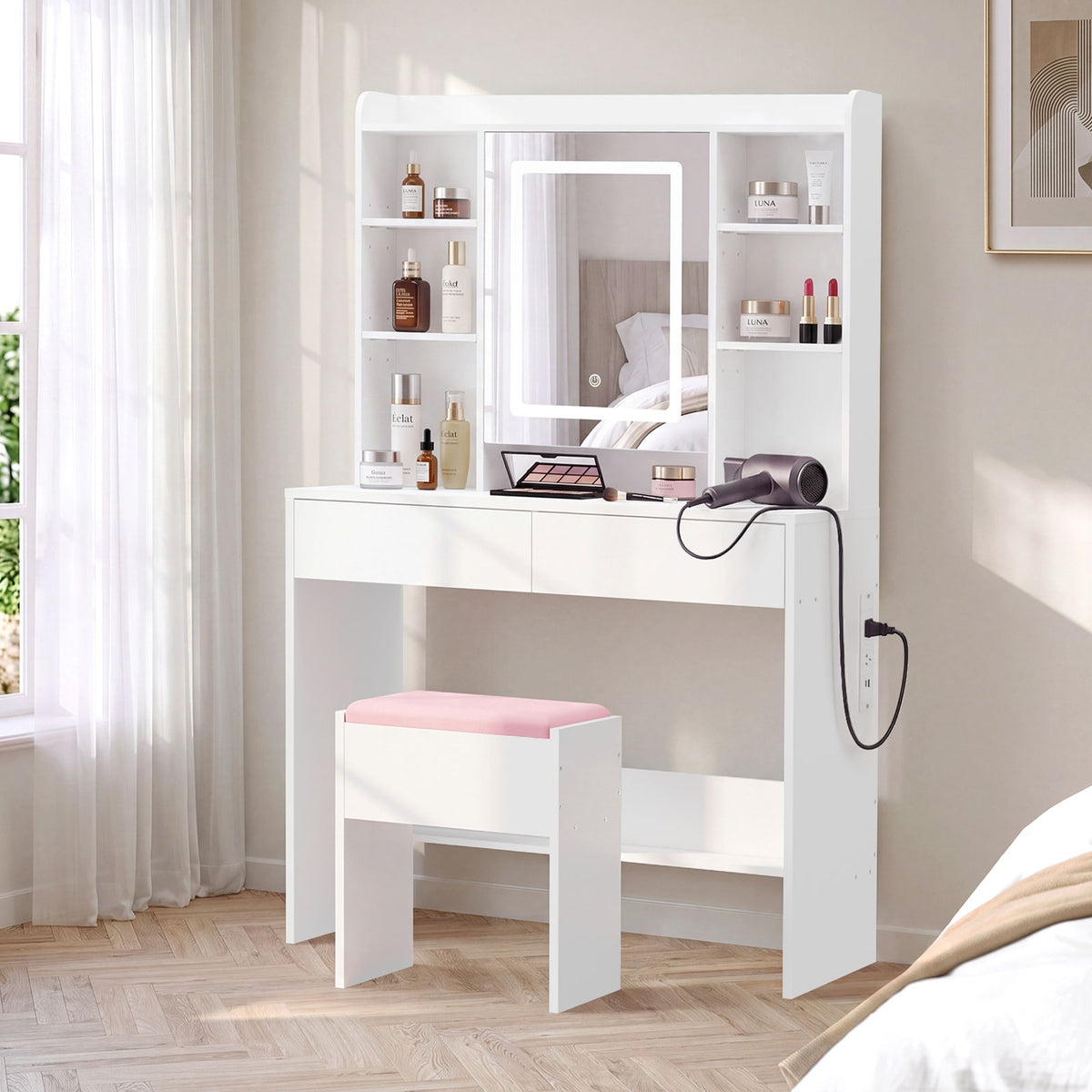 Oikiture Touch Control Dressing Table Set with LED Mirror & Charging Station White