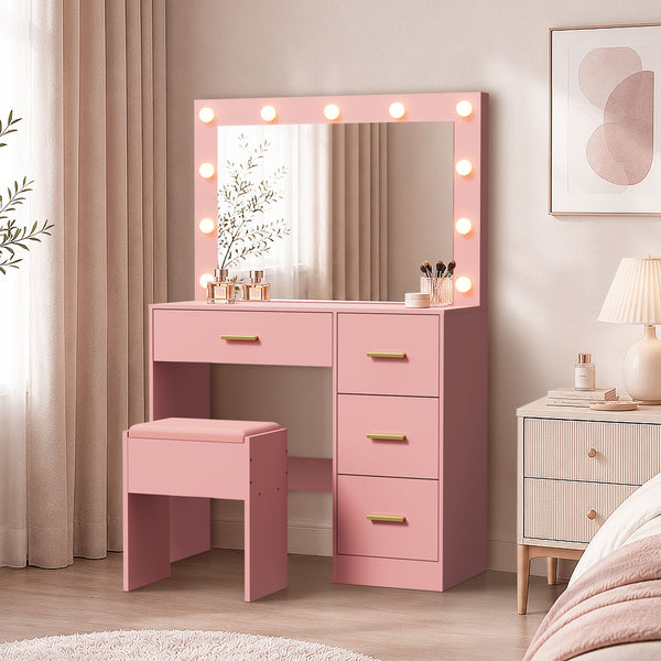 Oikiture Make Up Dressing Table Set LED Lights 4 Drawers Pink