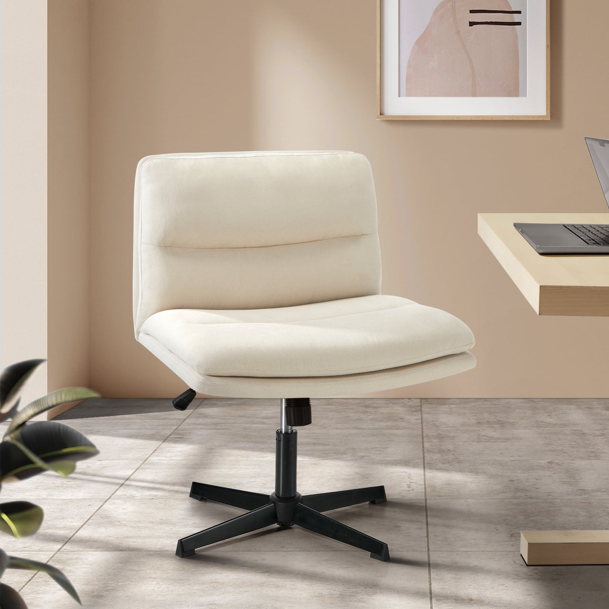 Oikiture Mid Back Armless Office Desk Chair Wide Linen Seat No Wheels Beige - product image 1