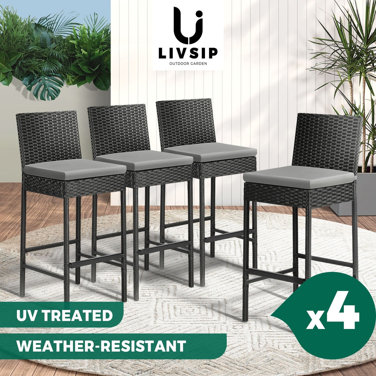 Livsip Set of 4 Outdoor PE Wicker Bar Stools Steel Frame Black - product image 1