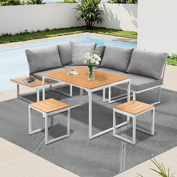 Livsip FAROE 6 Seater Outdoor Dining Sofa Set Large Table and Stools White