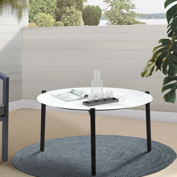 Livsip 70cm Round Marble Effect Coffee Side Table Outdoor White