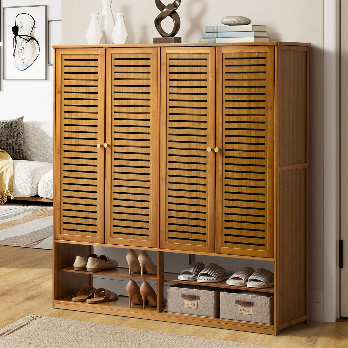Oikiture Shoe Storage Cabinet 4 Doors Bamboo Organiser with 2 Bottom Shelf