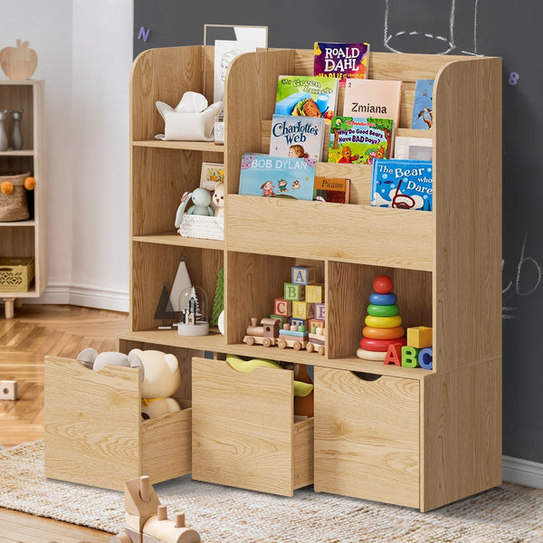 Oikiture Kids Bookcase with Toy Storage - Natural