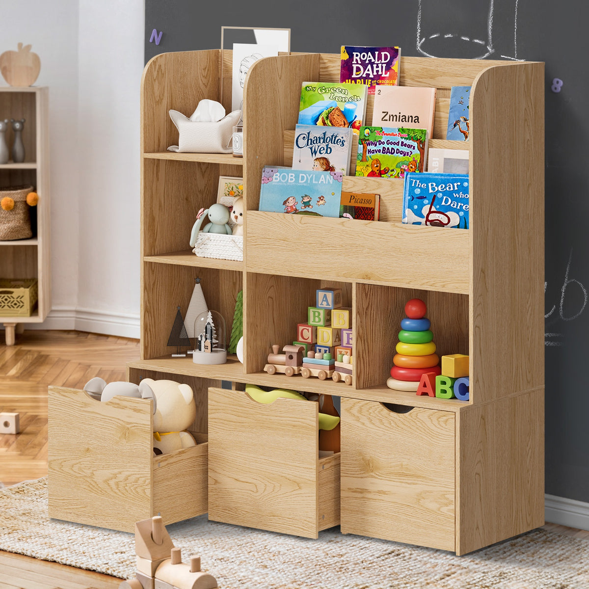 Oikiture Kids Bookcase Toy Organiser Cabinet Bookshelf with Chest - Natural