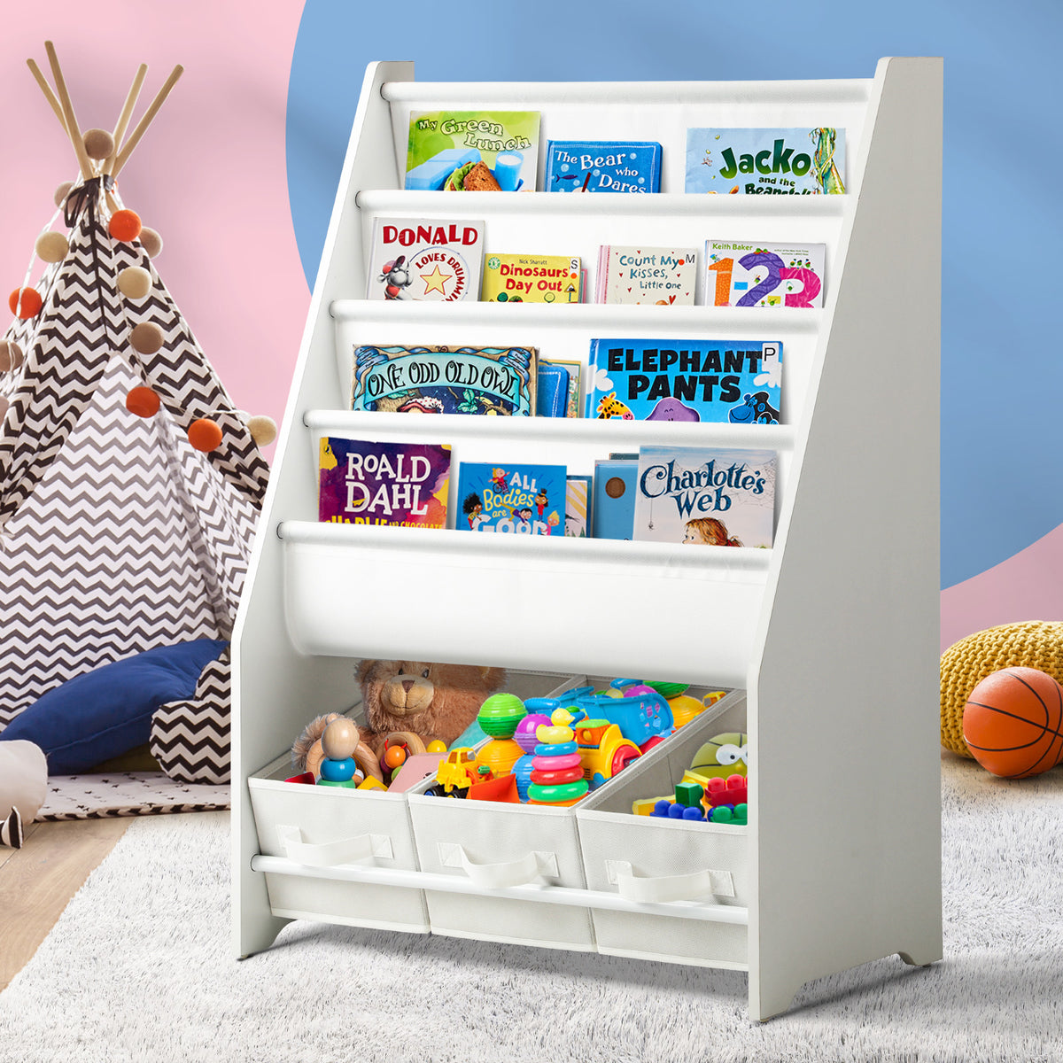 Oikiture Kids Bookshelf with 3 Boxes - White - Default Title