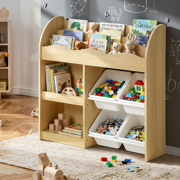 Oikiture Kids Bookshelf with 4 Bins Organiser