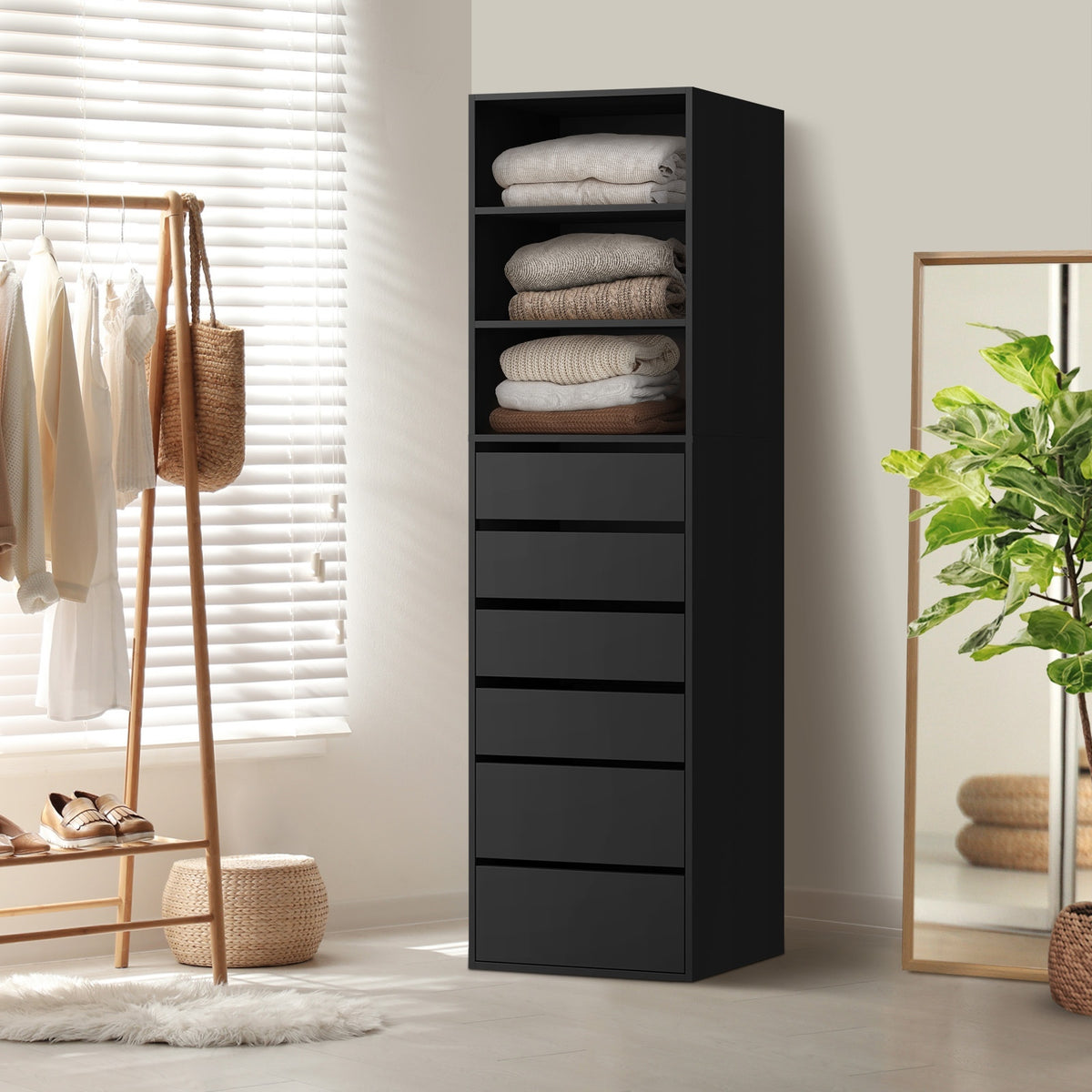 Oikiture Wardrobe Cabinet 6 Drawers and 3 Shelves - Black