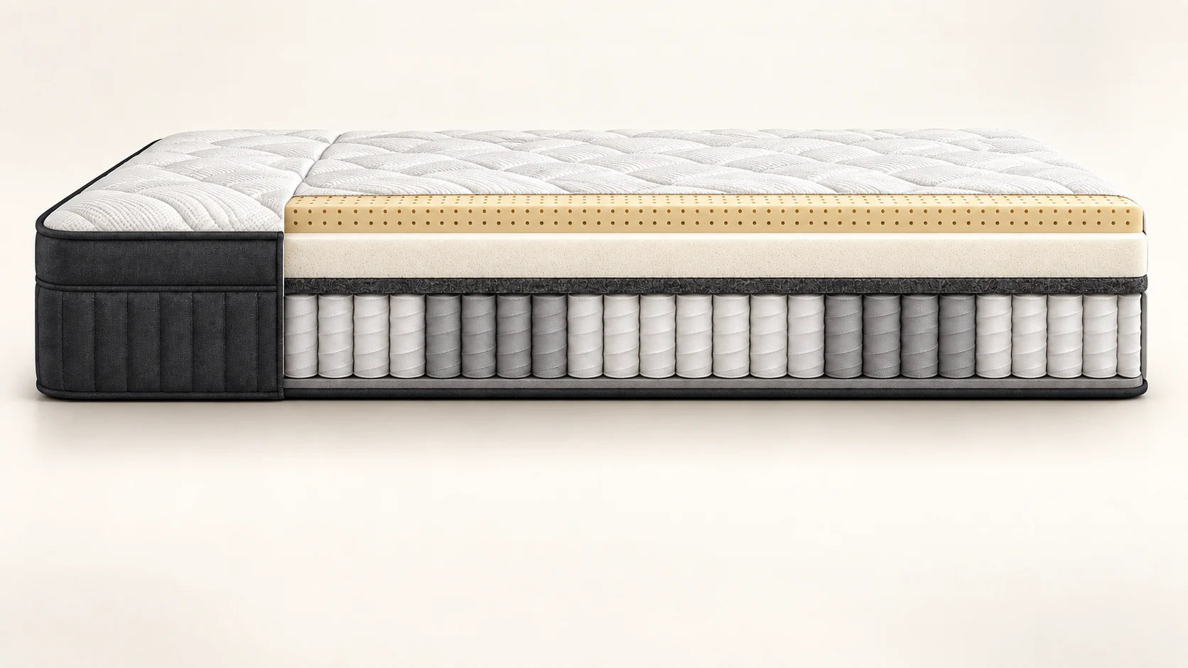 Cutaway illustration of the Bedra Bedding MONY 34cm natural-latex mattress showing foam, latex and pocket-spring layers